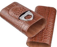 Кожен калъф за 3 пури с кедрово дърво + резачка (крокодилски ефект) - 2