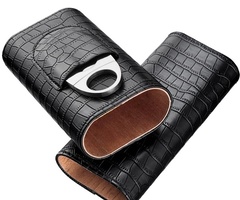 Кожен калъф за 3 пури с кедрово дърво + резачка (крокодилски ефект) - 3